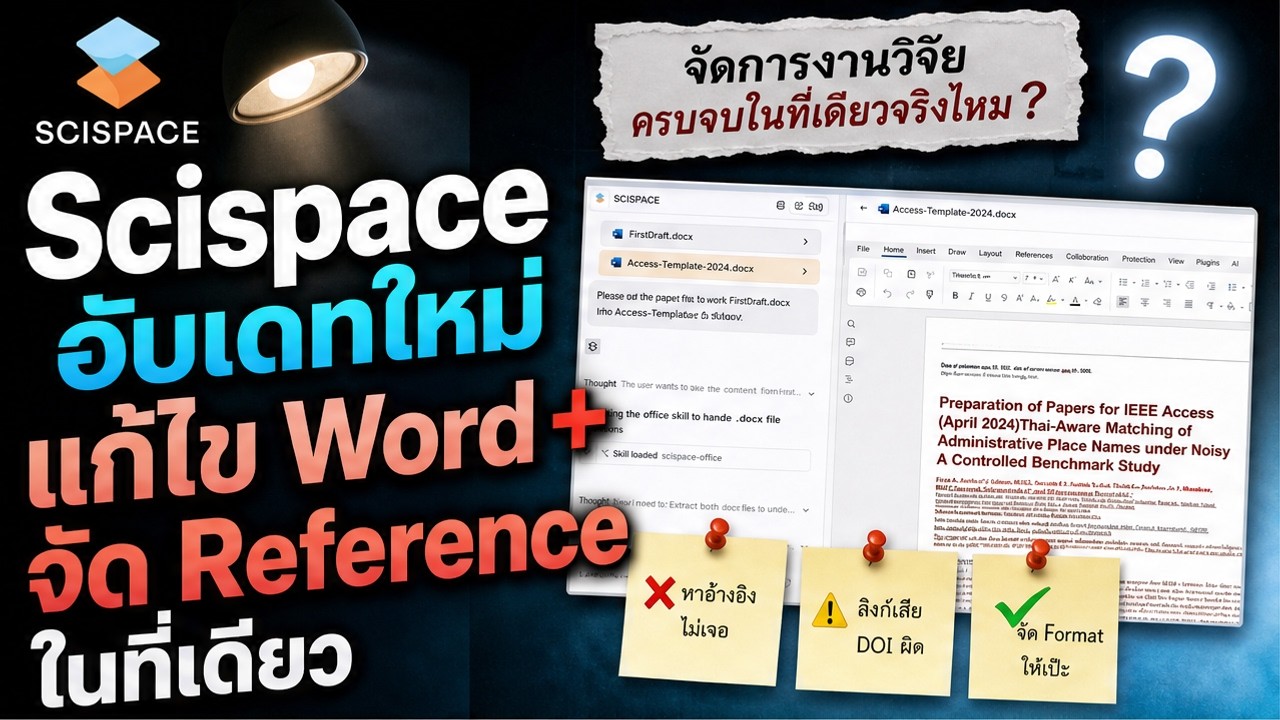 หน้าจอ SciSpace ที่รวมคลังบทความ การถามข้าม PDF และการแก้ไขเอกสาร Word